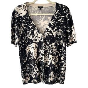 Talbots Floral Button-Up Short Sleeve Cardigan | Black & Tan | Medium Petite